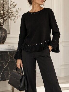 529 Uffizi Moda Luxury Knit Studded Ruffle Hem Sweater in Black
